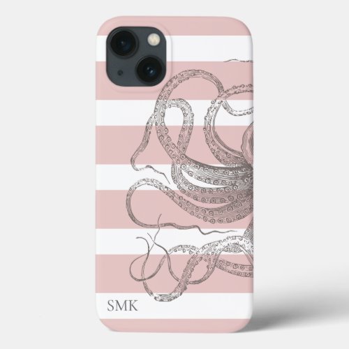 Nautical Vintage Octopus Coastal Pink Stripes iPhone 13 Case