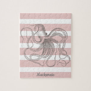 Nautical Vintage Octopus Coastal Pink Stripes Jigsaw Puzzle