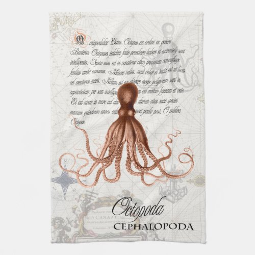 Nautical Vintage Octopus Illustration  Typography Kitchen Towel
