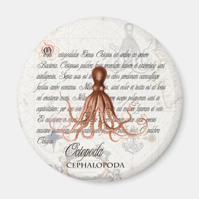 Nautical Vintage Octopus Illustration & Typography Magnet (Front)