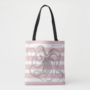 Nautical Vintage Octopus on Coastal Pink Stripes Tote Bag