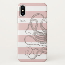 Nautical Vintage Octopus on Pink Stripes iPhone XS Case
