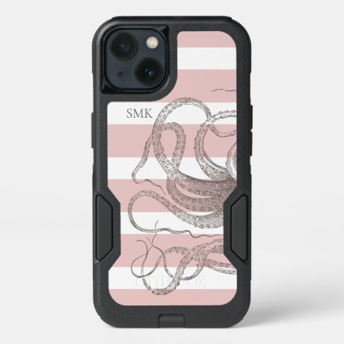 Nautical Vintage Octopus Pink Stripes Monogram iPhone 13 Case