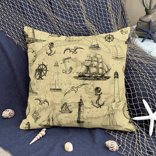 Nautical Vintage Sailing Ship Anchor Coastal Dcor Throw Pillow