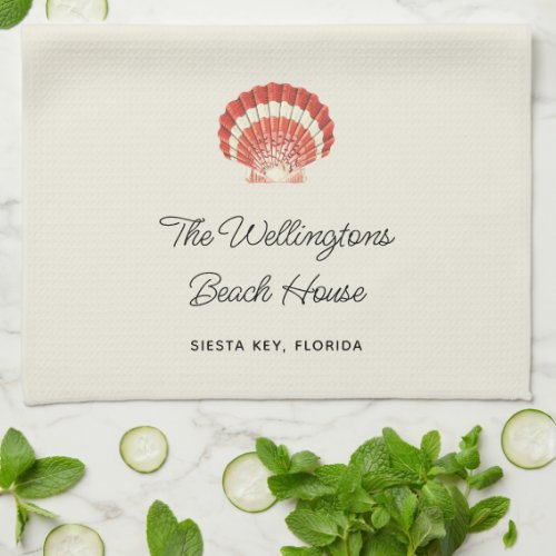 Nautical Vintage Sea Shell Family Beach House Name Kitchen Towel