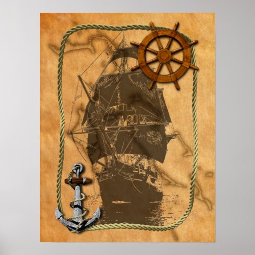 Nautical Vintage Ship And Map Poster