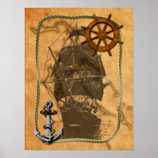 Nautical Vintage Ship And Map Poster (Front)