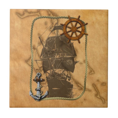 Nautical Vintage Ship And Map Tile