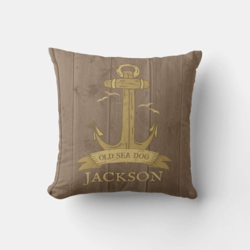 Nautical Vintage Ships Anchor Brown Wood Textured Throw Pillow