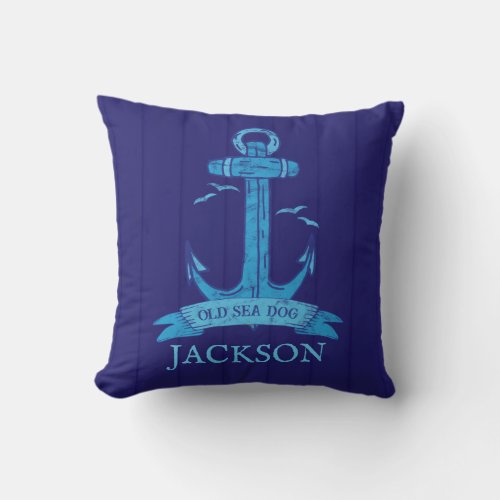 Nautical Vintage Ships Anchor on Navy Blue Wood Throw Pillow