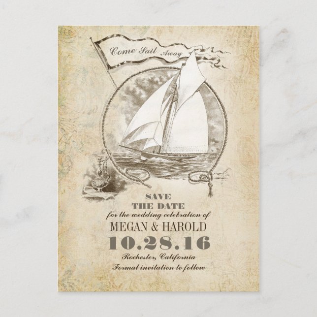 Nautical vintage yacht save the date postcards (Front)