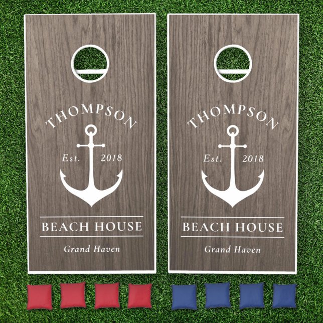 Nautical Warm Gray Anchor Beach House Name Cornhole Set (Creator Uploaded)