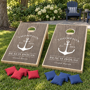 Nautical Warm Gray Wood Anchor Beach House Cornhole Set