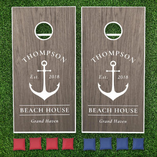 Nautical Warm Gray Wood Anchor Beach House Cornhole Set
