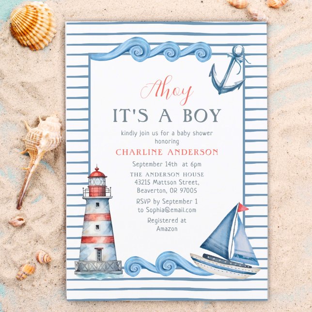 Nautical Watercolor Ahoy It's a Boy Baby Shower Invitation (Creator Uploaded)