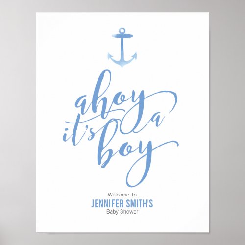 Nautical Watercolor Anchor Blue Baby Shower Welcom Poster
