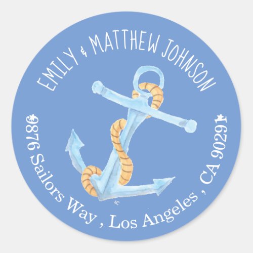 Nautical Watercolor Anchor Blue Return Address Classic Round Sticker