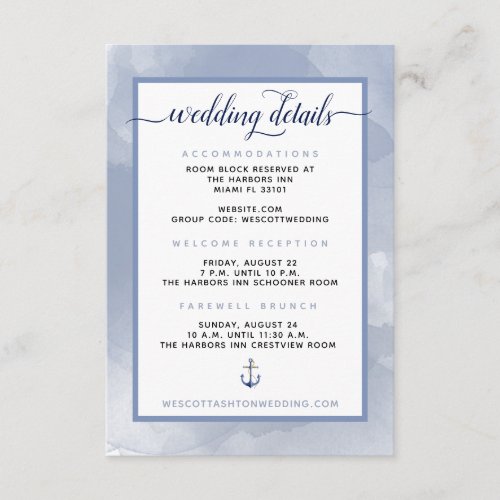 Nautical Watercolor Anchor Event Wedding Details Enclosure Card