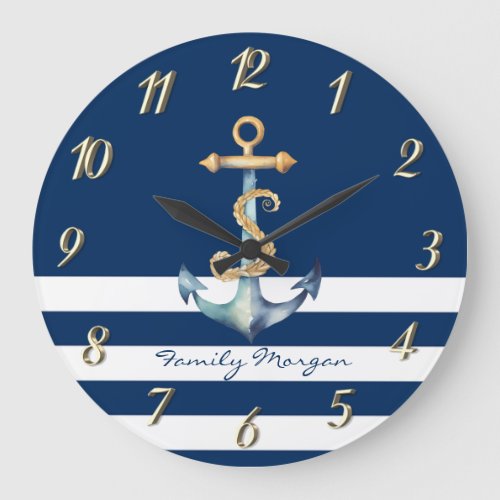 NauticalWatercolor Anchor Navy Blue Striped Large Clock