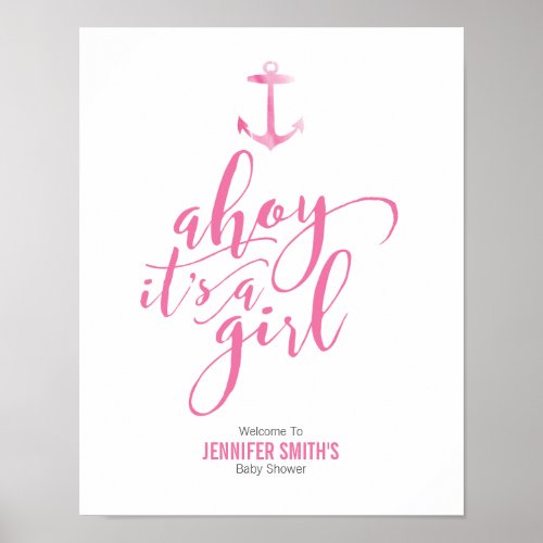 Nautical Watercolor Anchor Pink Baby Shower Welcom Poster