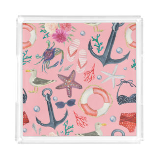 Nautical Watercolor Anchor Starfish Pattern Acrylic Tray