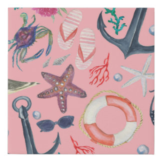 Nautical Watercolor Anchor Starfish Pattern Faux Canvas Print