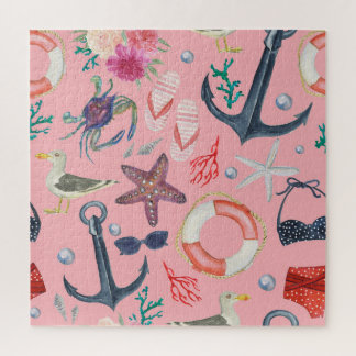 Nautical Watercolor Anchor Starfish Pattern Jigsaw Puzzle