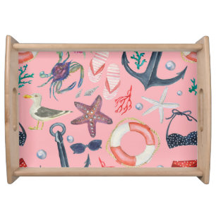Nautical Watercolor Anchor Starfish Pattern Serving Tray