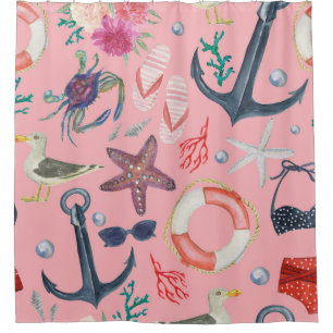 Nautical Watercolor Anchor Starfish Pattern Shower Curtain