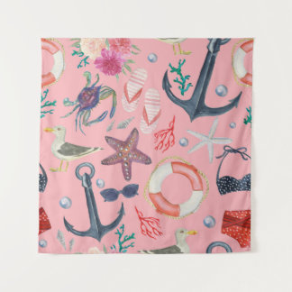 Nautical Watercolor Anchor Starfish Pattern Tapestry