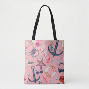 Nautical Watercolor Anchor Starfish Pattern Tote Bag