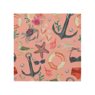 Nautical Watercolor Anchor Starfish Pattern Wood Wall Art
