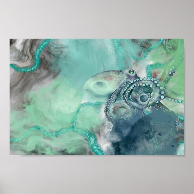 Nautical Watercolor Aqua Ocean Octopus Poster (Front)