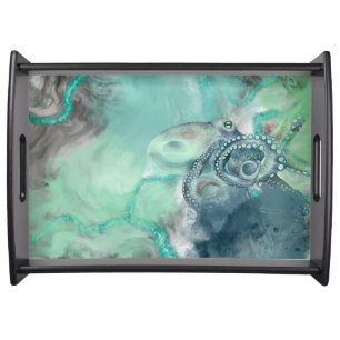 Nautical Watercolor Aqua Ocean Octopus Serving Tray
