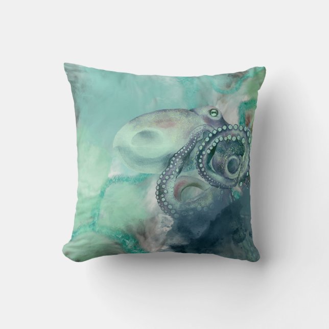 Nautical Watercolor Aqua Ocean Octopus  Throw Pillow (Front)