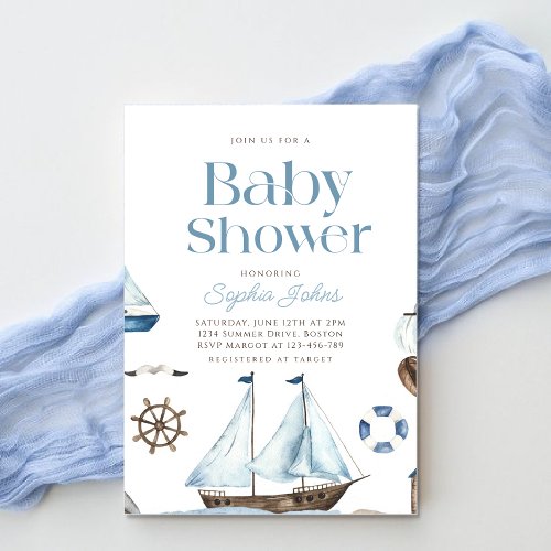 Nautical Watercolor Blue Boat boy baby shower Invitation