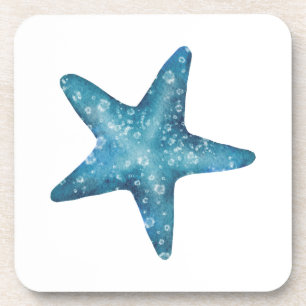 Nautical Watercolor Blue Starfish Beverage Coaster