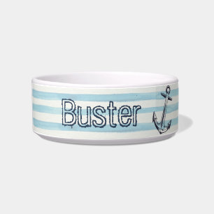Nautical Watercolor Blue Striped Anchor Dog Name Bowl