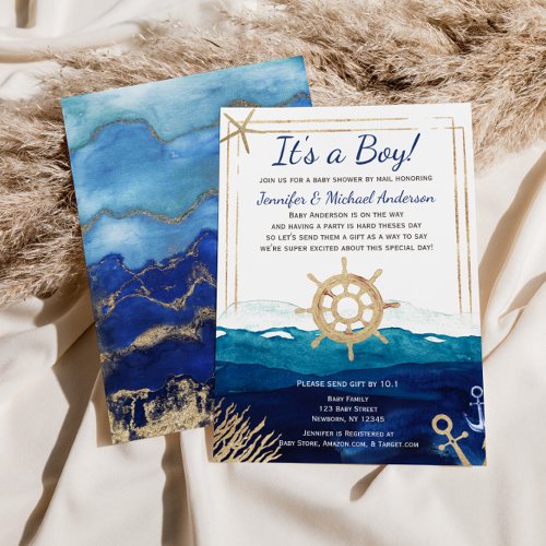 Nautical Watercolor Boy Baby Shower by Mail Invitation