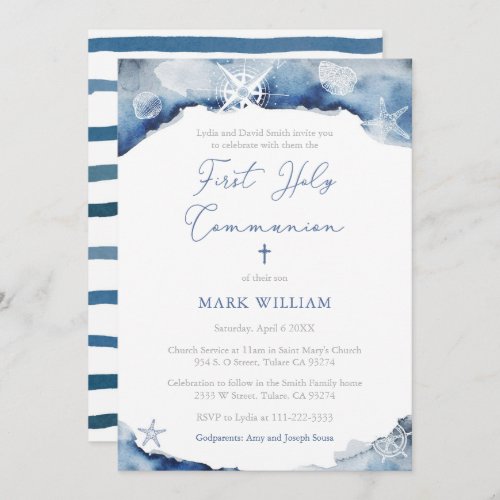 Nautical Watercolor Boy First Communion Party Invitation