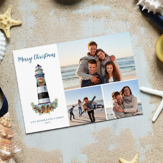 Nautical Watercolor Christmas Lighthouse 3 Photo Holiday Card