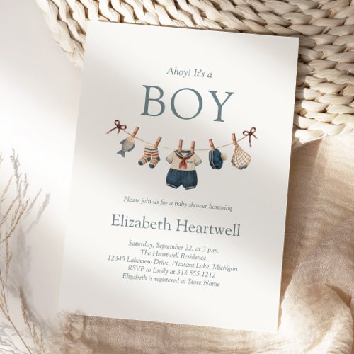 Nautical Watercolor Clothesline Boy Baby Shower Invitation