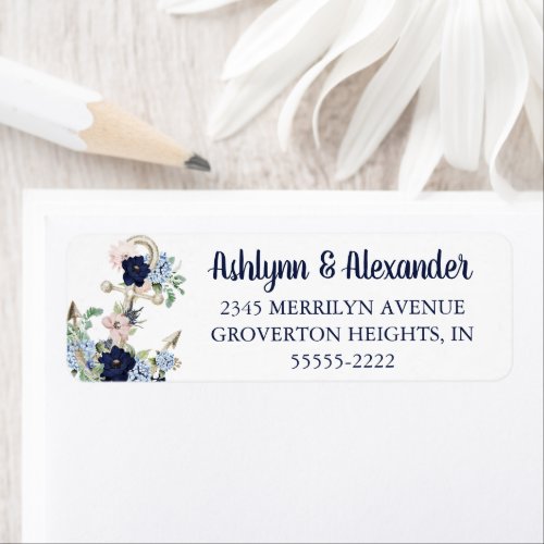 Nautical Watercolor Floral Anchor Navy Blue Blush Label