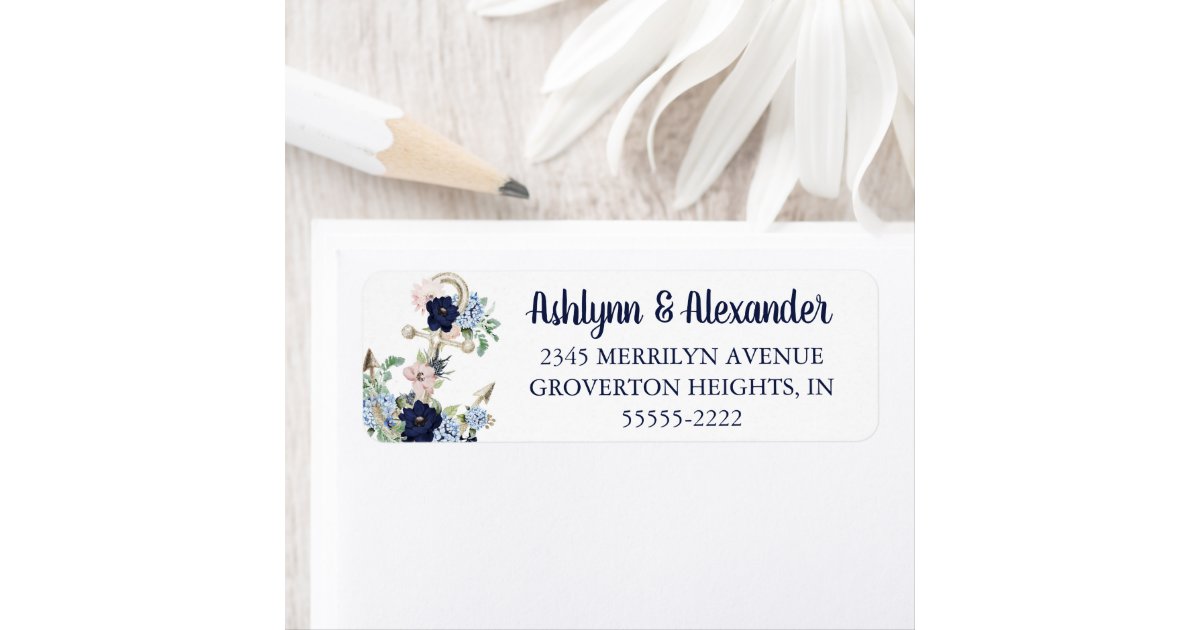 Nautical Watercolor Floral Anchor Navy Blue Blush Label | Zazzle