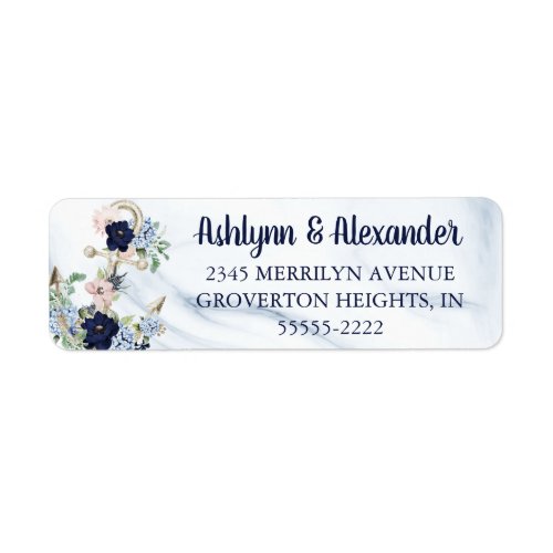 Nautical Watercolor Floral Anchor Navy Blue Marble Label