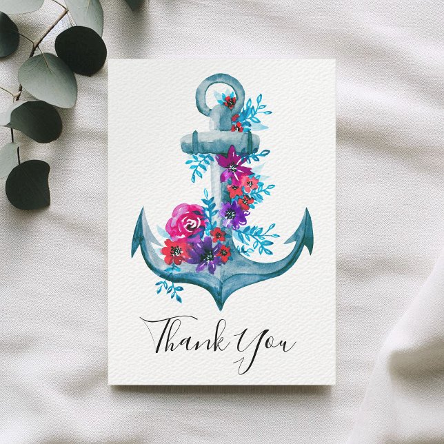 Nautical Watercolor Floral Anchor  Thank You Card (Creator Uploaded)