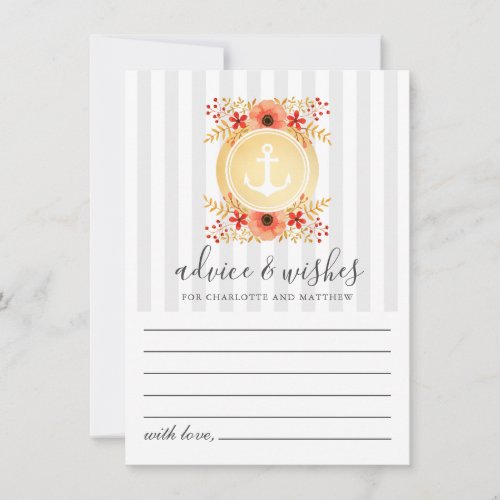 Nautical Watercolor Floral Gold Anchor Wedding Advice Card