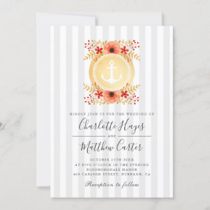 Nautical Watercolor Floral Gold Anchor Wedding Invitation