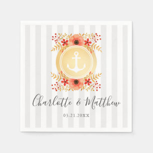 Nautical Watercolor Floral Gold Anchor Wedding Napkins