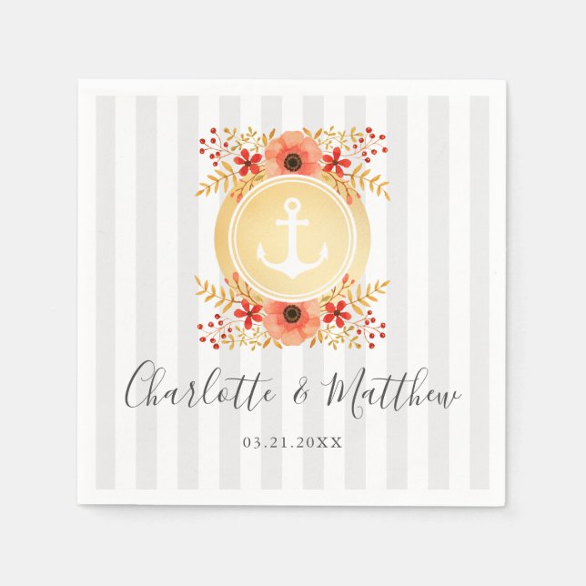 Nautical Watercolor Floral Gold Anchor Wedding Napkins (Front)